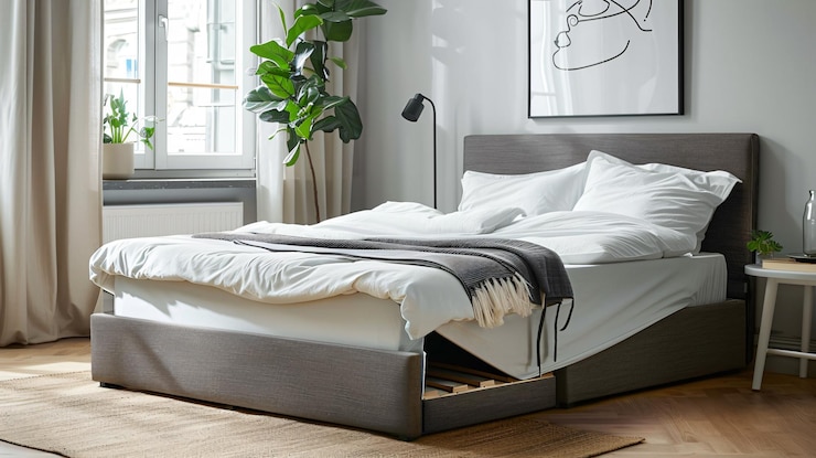 Foto um quarto com uma cama e uma foto de uma planta na parede