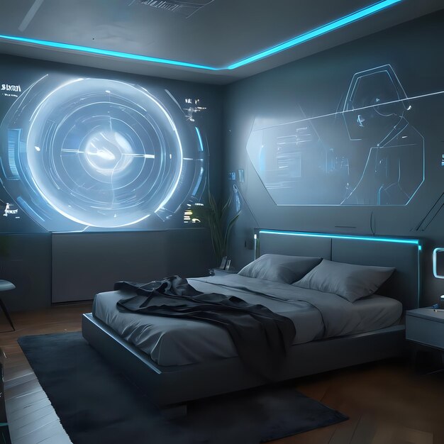 Foto um quarto com uma cama e uma grande tela com um design futurista