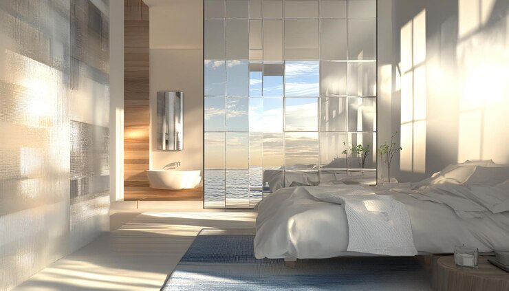 Foto um quarto com uma cama e uma janela com vista para o oceano