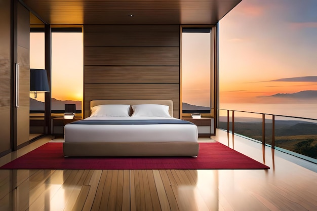 Foto um quarto com uma cama e uma janela com vista para o pôr do sol.