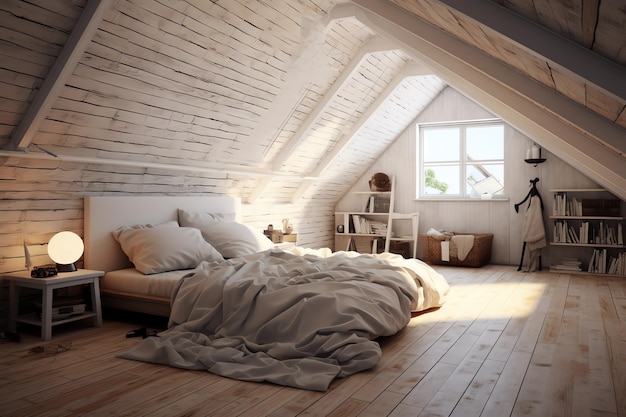 Um quarto com uma cama e uma lâmpada no teto