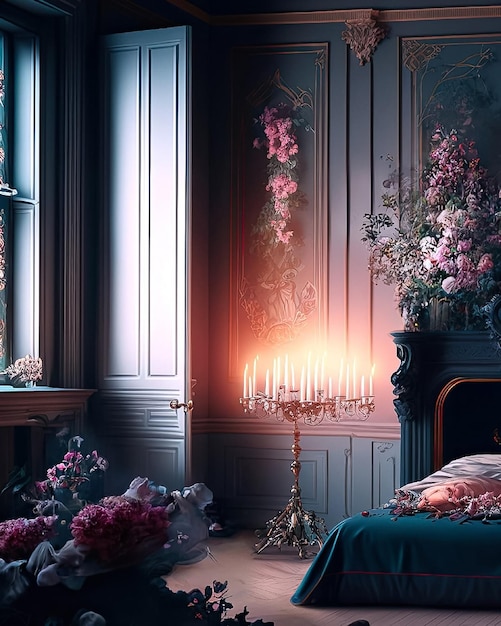 Um quarto com uma cama e uma mesa com um candeeiro e flores.