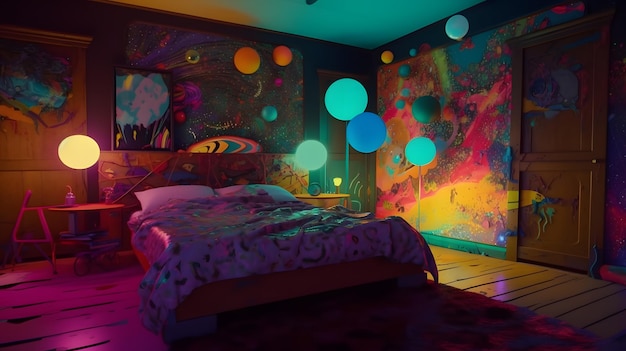 Um quarto com uma cama e uma parede colorida com um candeeiro.