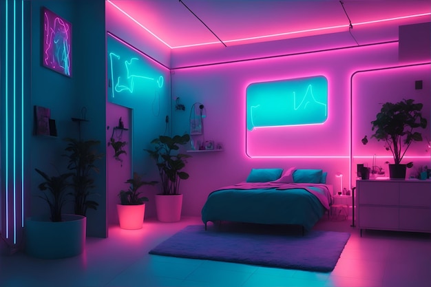 Um quarto com uma cama e uma parede com luzes neon.