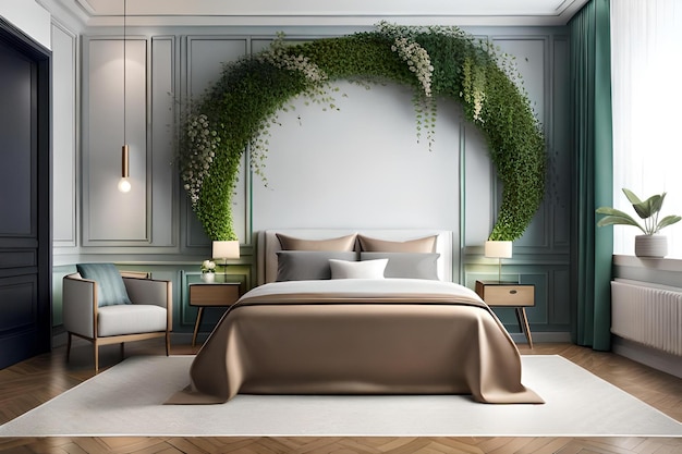 Um quarto com uma cama e uma parede de hera verde.