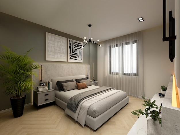 Um quarto com uma cama e uma planta na parede