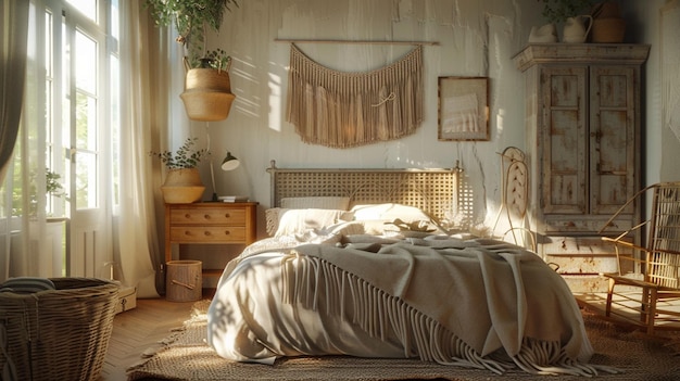 um quarto com uma cama e uma planta na parede