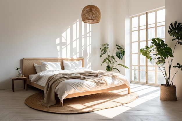 um quarto com uma cama e uma planta no canto