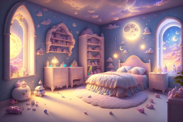 Um quarto com uma cama e uma prateleira com uma lua e estrelas.