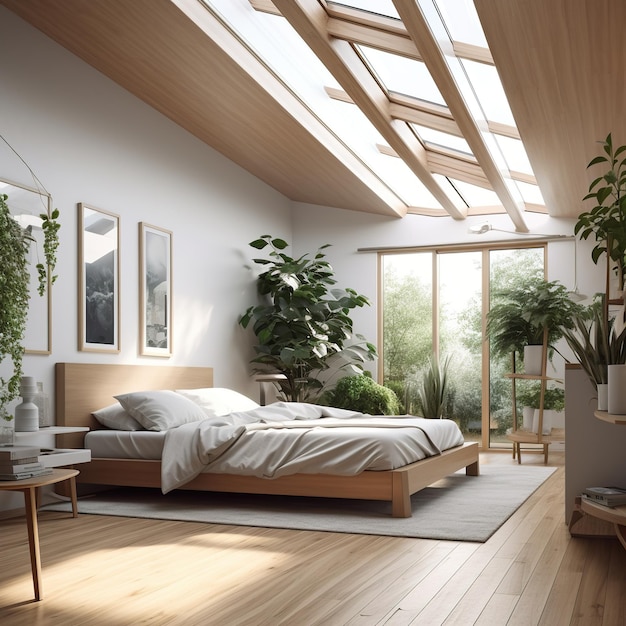 Um quarto com uma cama grande e uma clarabóia casa norueguesa geradora de IA