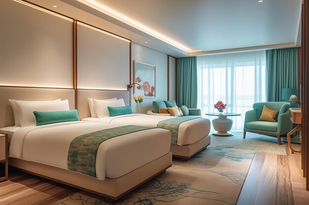 Um quarto com uma cama grande e uma grande janela com vista para o mar.
