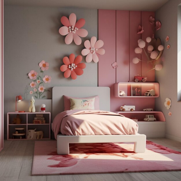 Um quarto com uma cama rosa e branca e uma prateleira com flores.