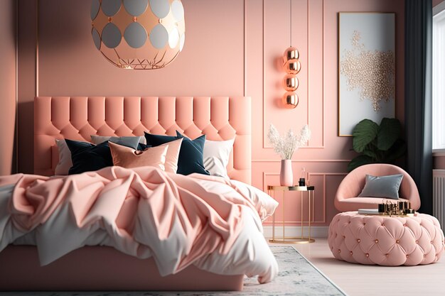 Um quarto com uma cama rosa e um candeeiro dourado na parede.