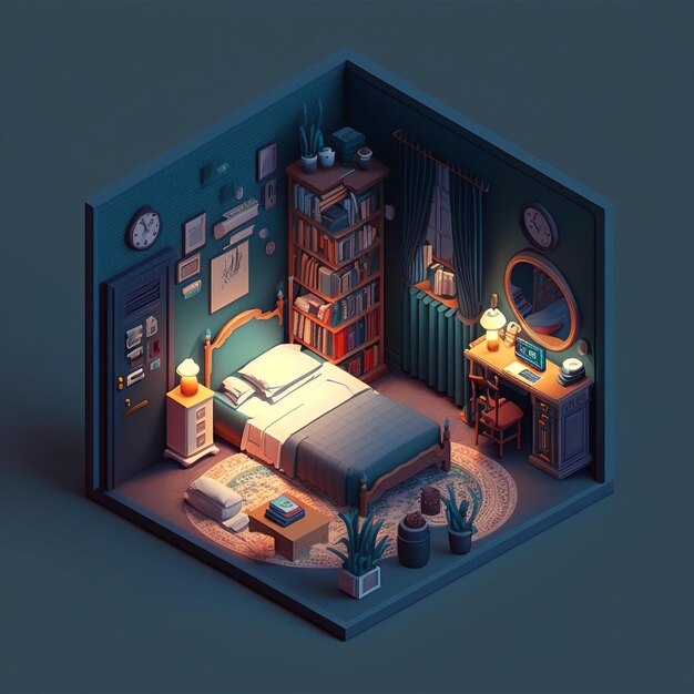 Um quarto com uma cama, uma lâmpada e um relógio na parede.