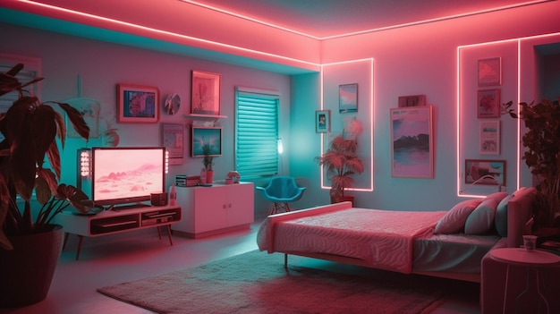 Um quarto com uma cama, uma televisão e um candeeiro.