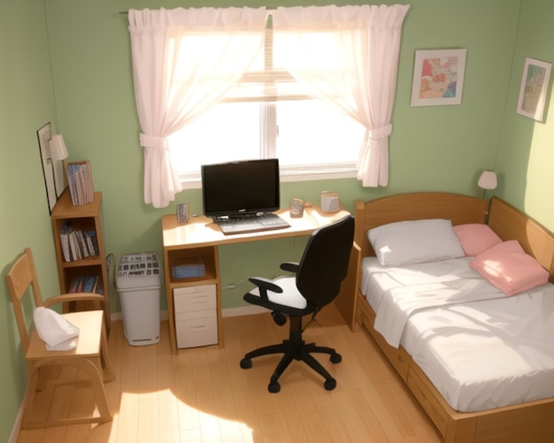 um quarto com uma escrivaninha, escrivaninha e um computador em uma escrivaninha.