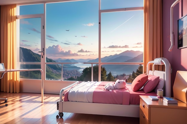 Um quarto com uma grande janela com vista para as montanhas e uma montanha.
