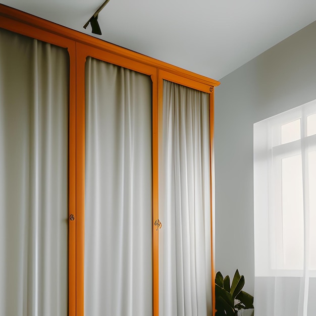 Um quarto com uma grande janela e um guarda-roupa de madeira com uma planta.