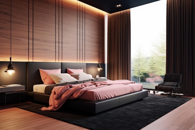 Um quarto com uma grande janela e uma cama com um cobertor rosa.