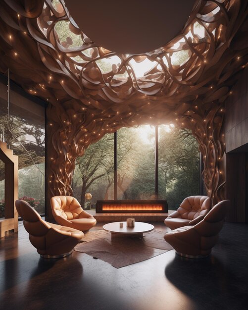 Um quarto com uma grande janela que tem um grande teto de madeira com uma grande janela que diz 'casa na árvore'