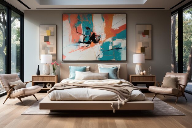 Foto um quarto com uma grande pintura na parede