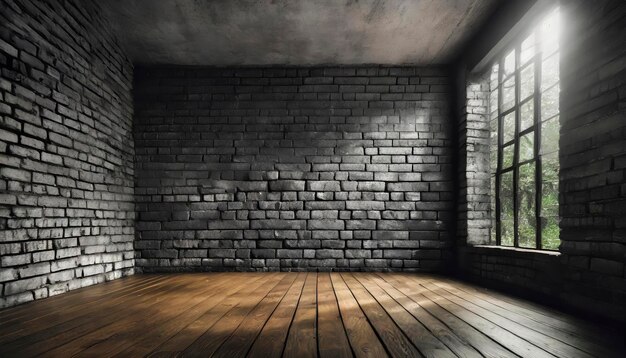 Um quarto com uma janela e uma parede de tijolos pretos piso de madeira castanho liso o quarto está vazio e a janela está deixando entrar a luz do sol