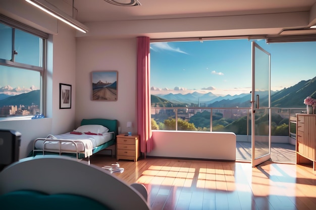 Um quarto com uma janela que diz "the mountain view" à direita.