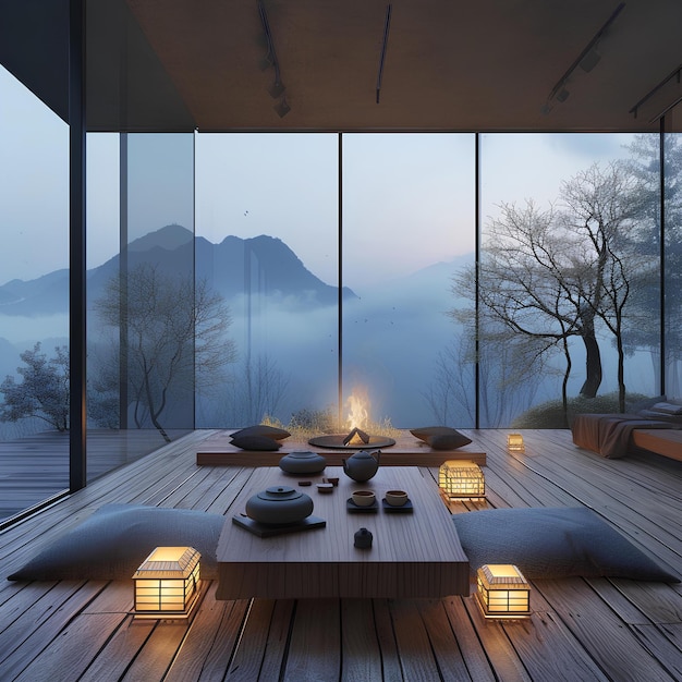 Um quarto com uma mesa e algumas luzes nele e uma vista das montanhas fora da janela e uma mesa