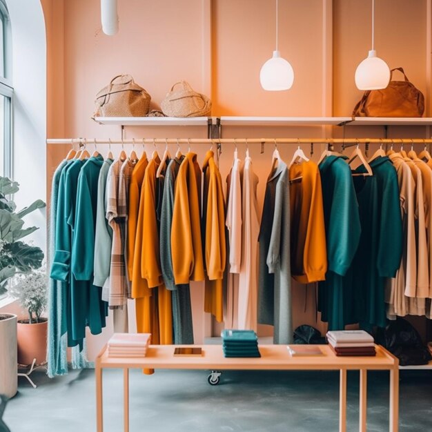 Um quarto com uma mesa e uma prateleira de roupas