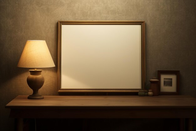 Foto um quarto com uma moldura na parede e uma lâmpada em uma mesa