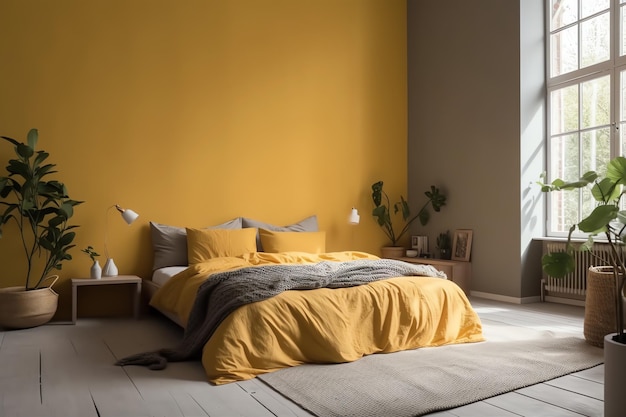 Um quarto com uma parede amarela e uma cama amarela com um cobertor cinza