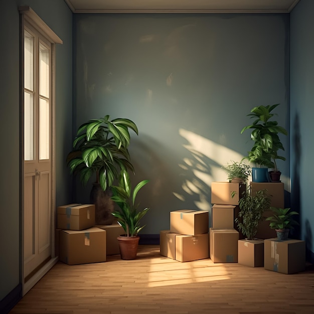 Um quarto com uma parede azul e plantas no chão