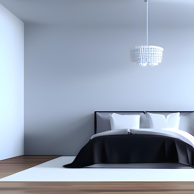 Um quarto com uma parede branca e uma cama branca com uma capa preta e almofadas brancas.