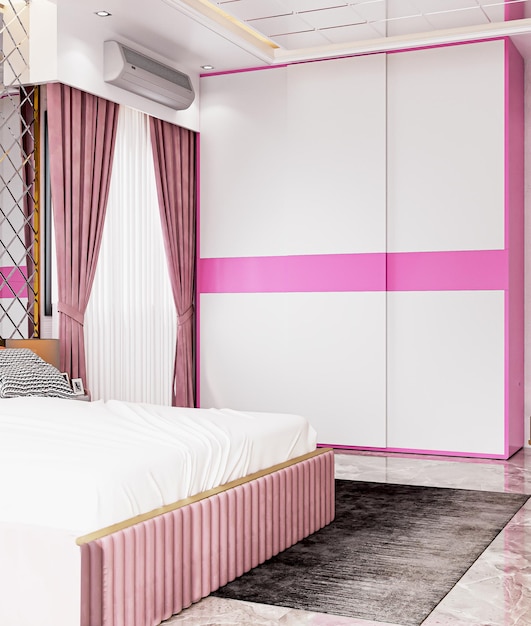 Um quarto com uma parede rosa e branca e um guarda-roupa rosa