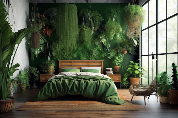 Um quarto com uma parede verde e plantas