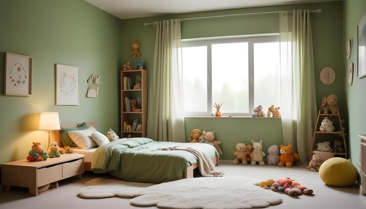 um quarto com uma parede verde e uma cama com animais de pelúcia nele