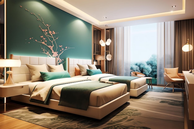 Um quarto com uma parede verde e uma cama com uma árvore sobre ela.