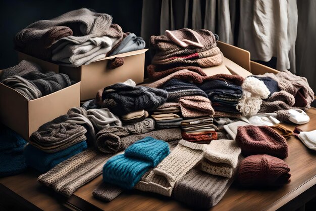 Foto um quarto com uma pilha de roupas e um cão branco na mesa