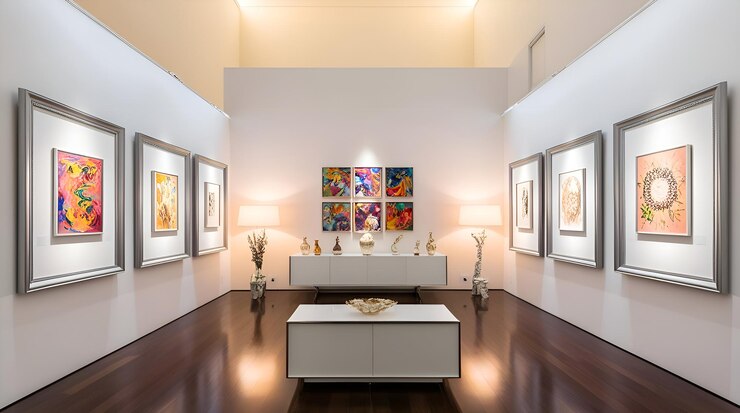 Foto um quarto com uma pintura na parede e um sofá branco