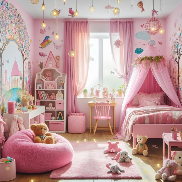 um quarto com uma sala rosa com uma cama rosa e uma janela com uma cortina rosa e branca que diz
