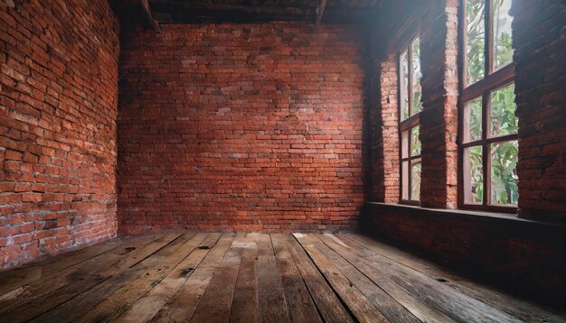 Um quarto com uma velha parede de tijolos vermelhos e chão de madeira natural O quarto está vazio e tem muita luz natural entrando pela janela