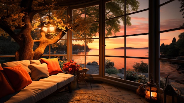 Um quarto com uma vista e uma janela com um pôr-do-sol