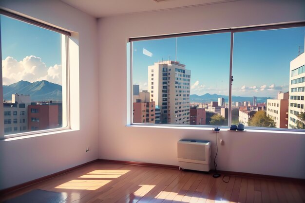 Foto um quarto com uma vista para a cidade e uma janela que diz 