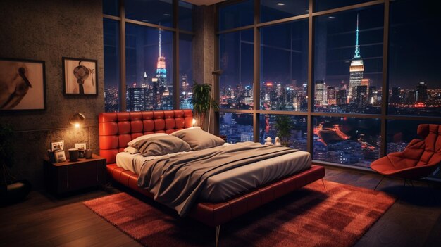 Um quarto com vista para a cidade à noite