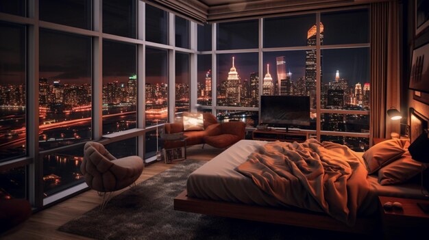 Um quarto com vista para a cidade à noite