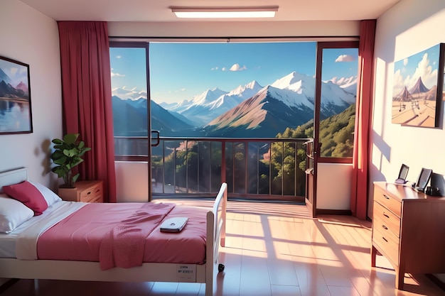 Um quarto com vista para as montanhas e uma cama com um lençol rosa.