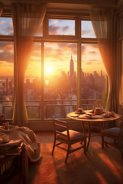 Um quarto com vista para o horizonte de manhattan.