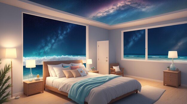 Um quarto com vista para o mar e um mural no teto.