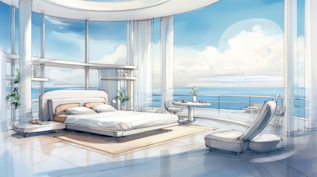 Um quarto com vista para o mar e uma cama ai