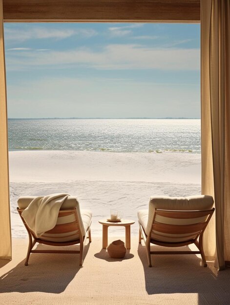 Foto um quarto com vista para o mar e uma cena de praia.